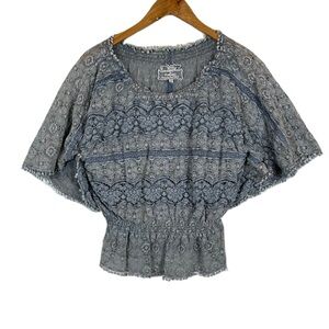Queen Moda Women's Blue Gray Smocked Cotton Lace Short‎ Sleeve Blouse S